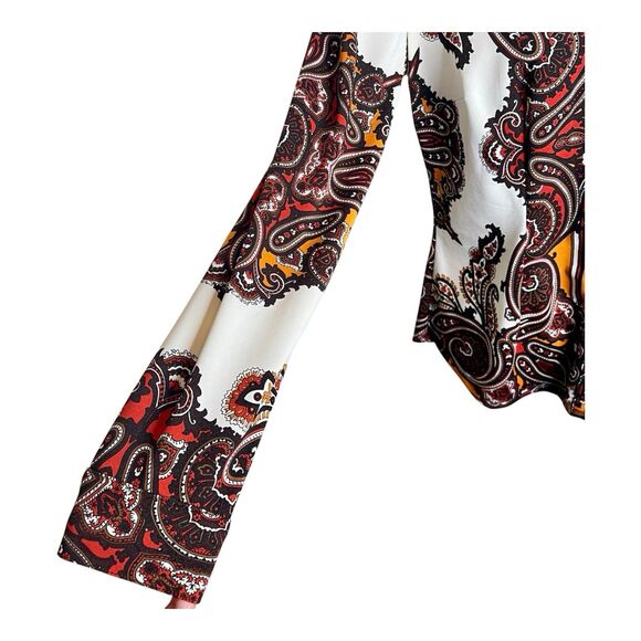 Cache Print Blouse Sz M Brown White Multicolor Button Down Snaps Long Sleeves - Picture 4 of 8